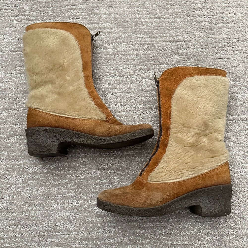 VTG Quoddy Moccasins Boots Brown Shearling Leather USA Made 60s Western Boho